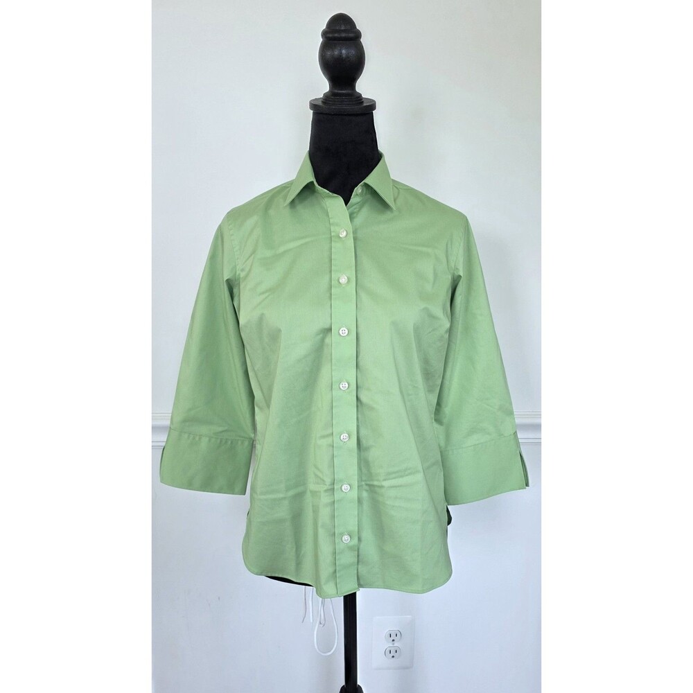 Lands End Outfitters Shirt Womens Petite 4 Green Stretch 3/4 Sleeve Button Up